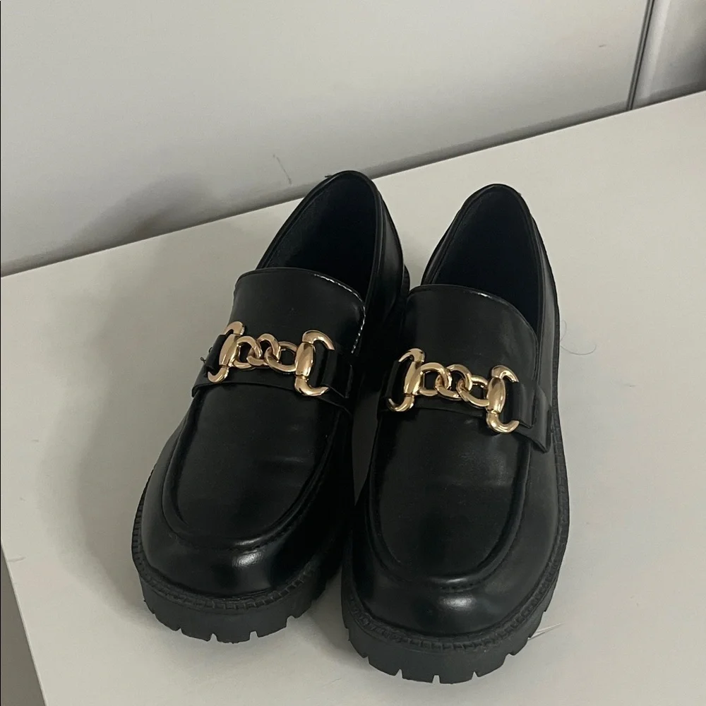 Zara Black Loafers with Gold Chain Detail